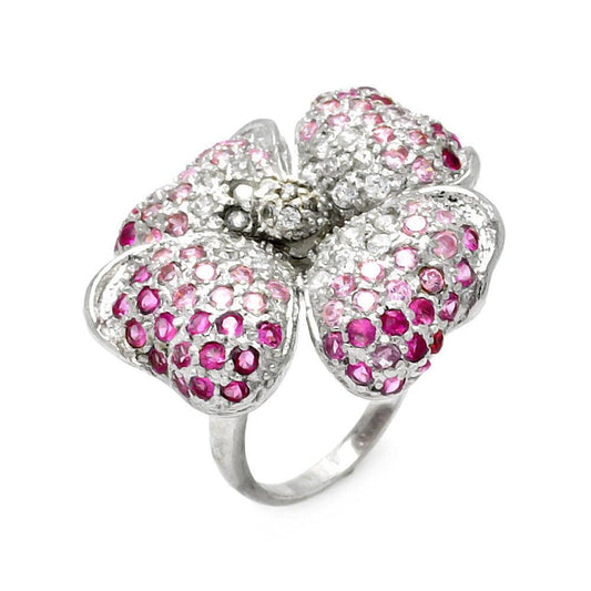 Rhodium Plated Sterling Silver 925 Pink CZ Clover Ring Band Sizes 5-9