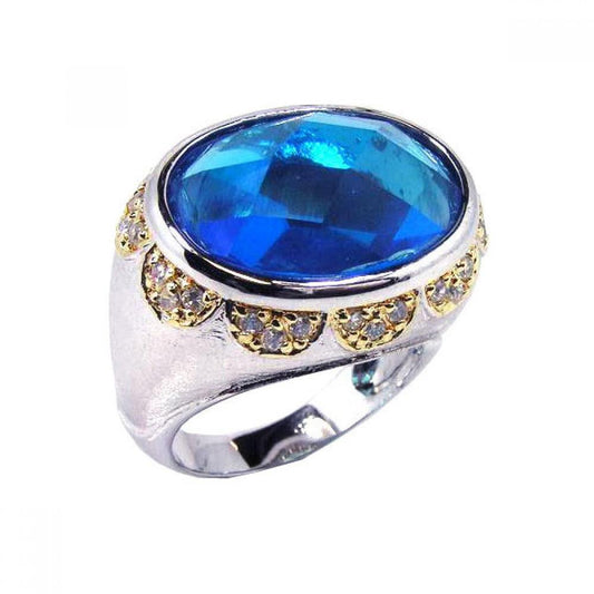 Sterling Silver 925 Gold Plated Blue and Clear CZ Wide Oval Dome Ring Sizes 5-8