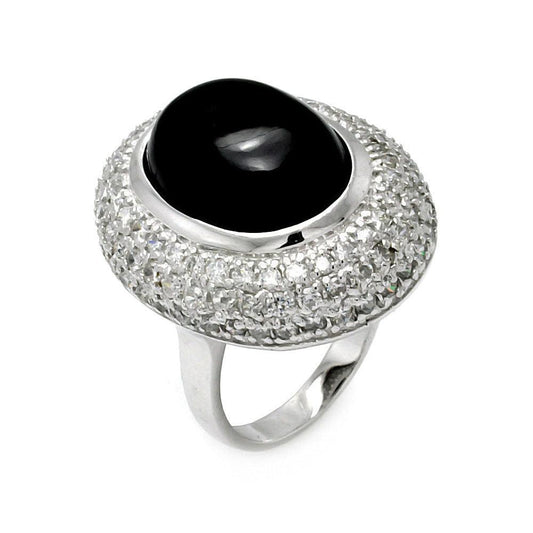 Sterling Silver 925 Rhodium Plated Oval Black Onyx Center CZ New Ring Sizes 5-9