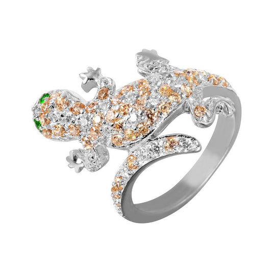 Sterling Silver 925 Rhodium Plated Pave CZ Lizard Gecko Animal Ring Sizes 5-9