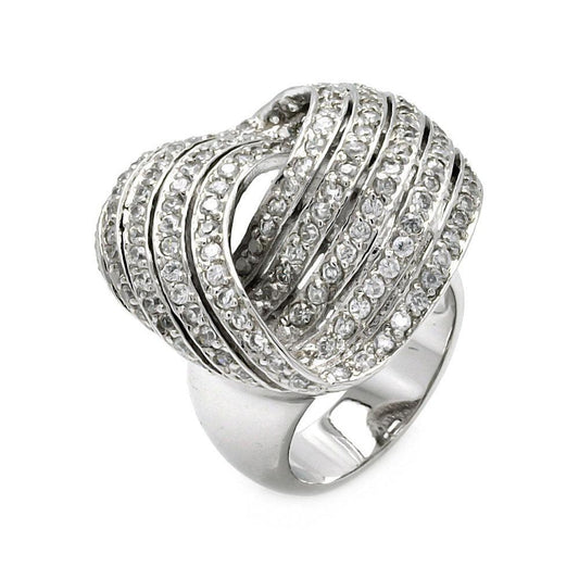 Sterling Silver 925 Rhodium Plated CZ Wave Twist Heart Love Wide Ring Sizes 5-9