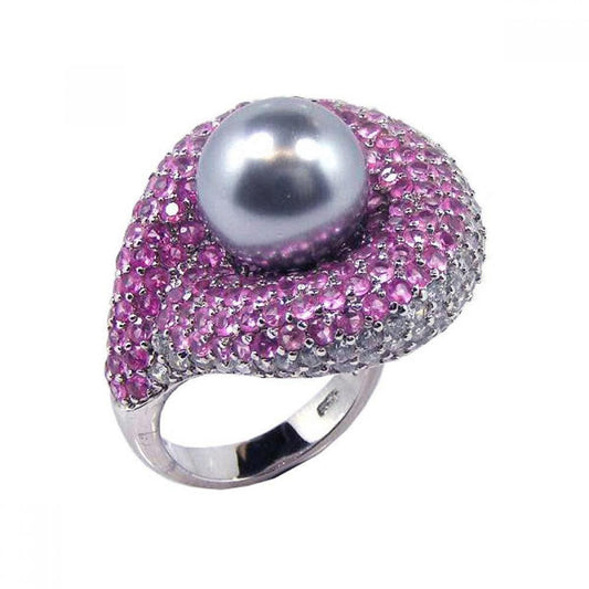 Sterling Silver 925 Simulated Pearl Center Pink Cluster CZ Wide Ring Sizes 5-9