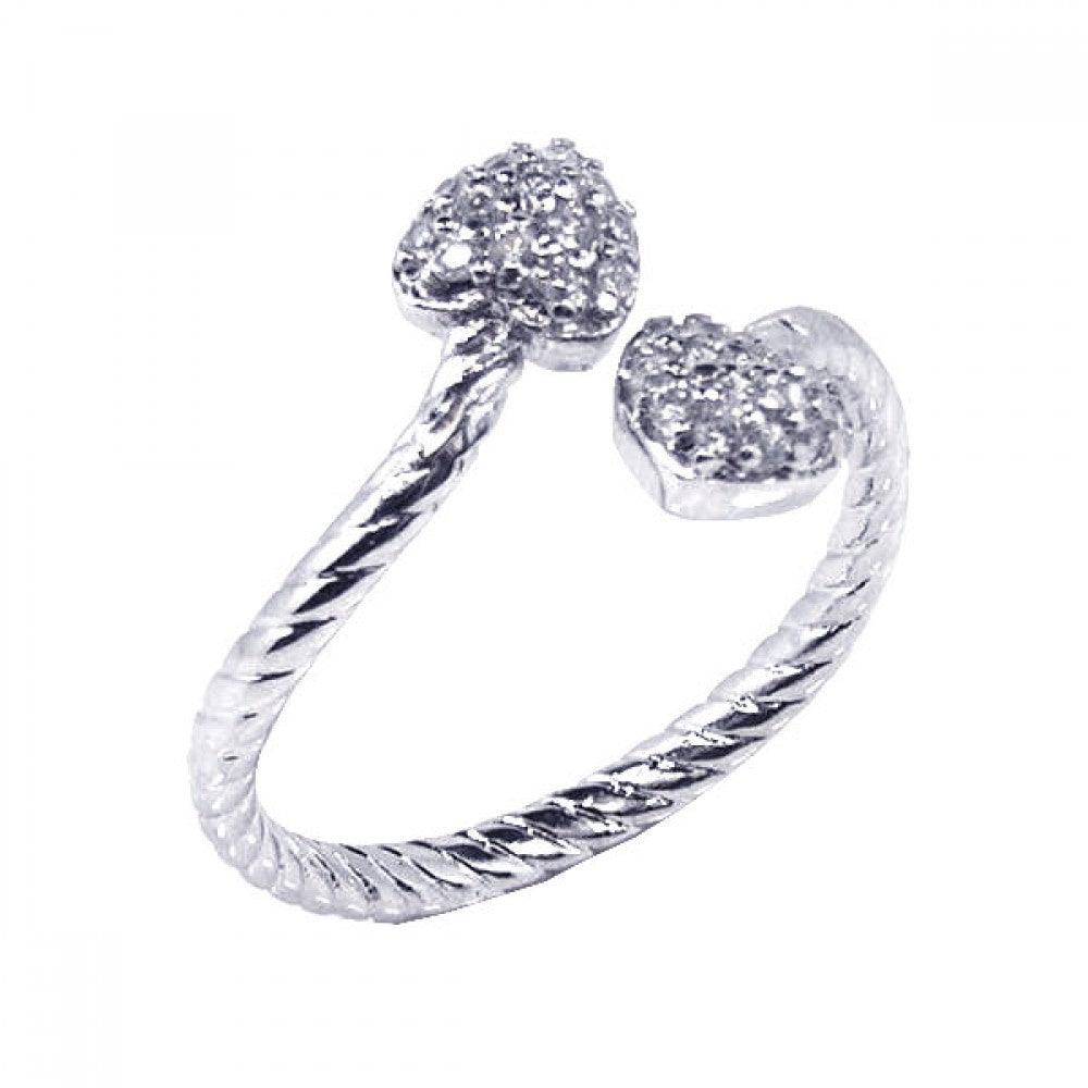 Sterling Silver 925 Rhodium Plated CZ Adjustable Double Heart Ring Sizes 5-9
