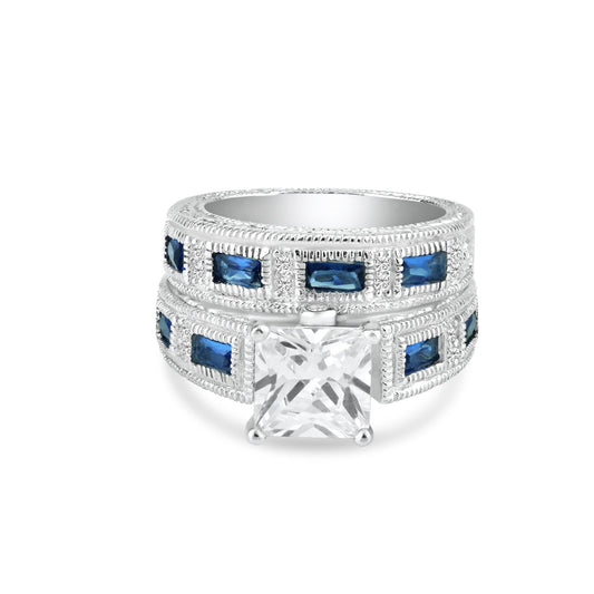 Sterling Silver 925 Rhodium Plated Blue Baguette Clear CZ Ornate Ring Sizes 5-9
