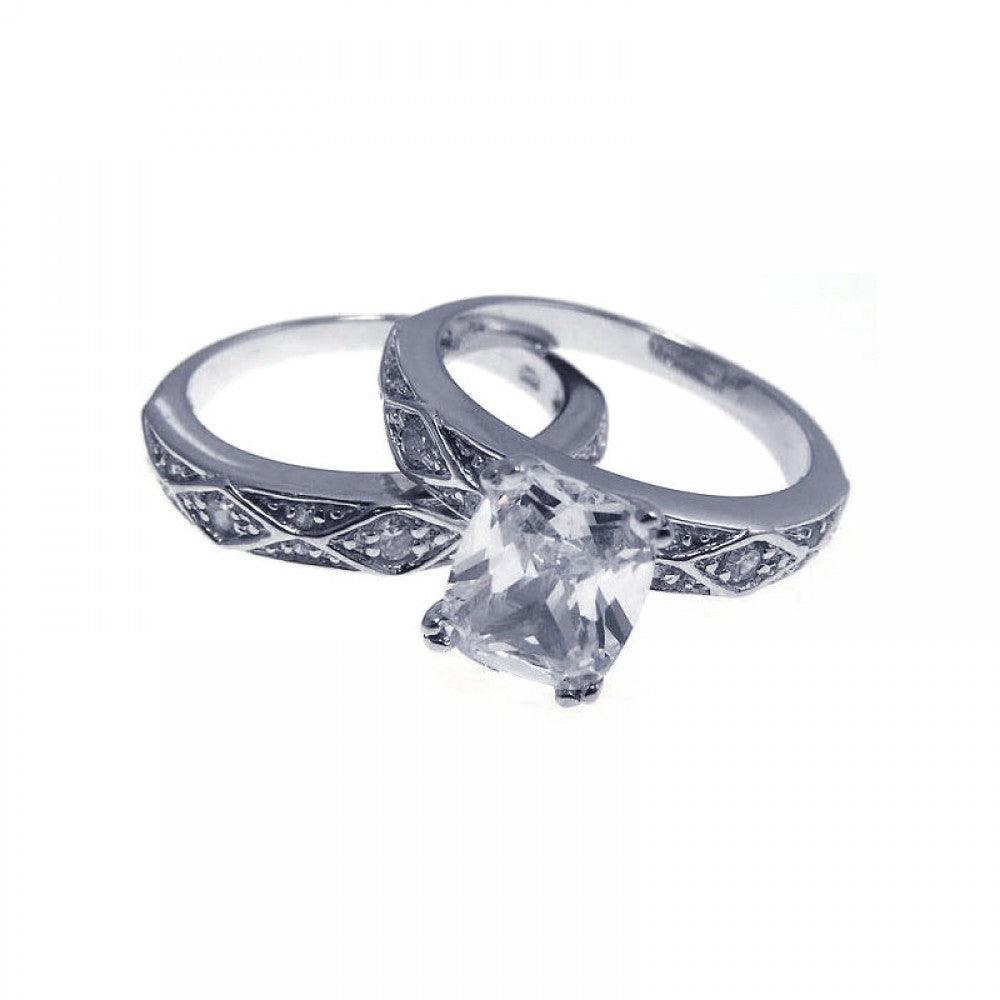 Sterling Silver Rhodium Plated Solitaire CZ Ornate Wedding Ring Set Sizes 5-9