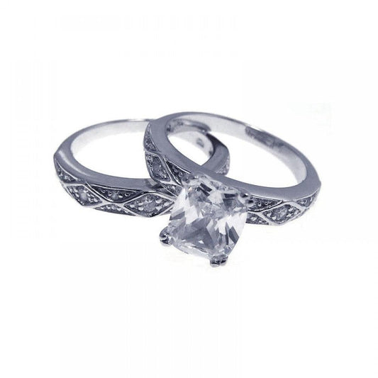 Sterling Silver Rhodium Plated Solitaire CZ Ornate Wedding Ring Set Sizes 5-9
