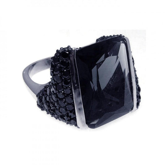 Sterling Silver 925 Rhodium Plated Pave Set Black CZ Wide Trendy Ring Sizes 5-9