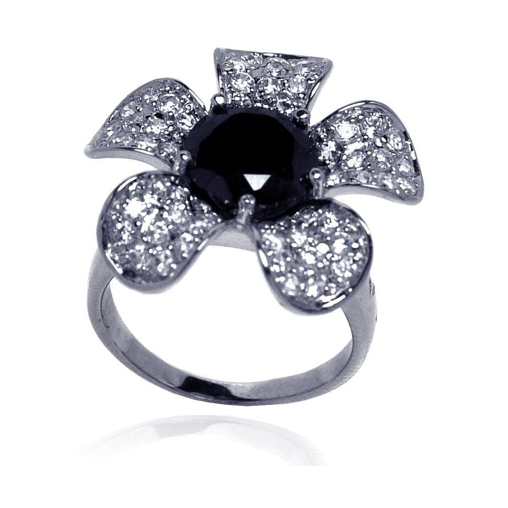 Sterling Silver 925 Rhodium Plated Black Clear CZ Flower Daisy Ring Sizes 5-9
