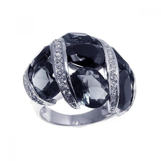 Sterling Silver 925 Rhodium Plated Black Gray Clear CZ Stripe Ring Sizes 5-9