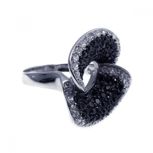 Sterling Silver 925 Black Rhodium Plated Black Clear CZ Flower Ring Sizes 5-9
