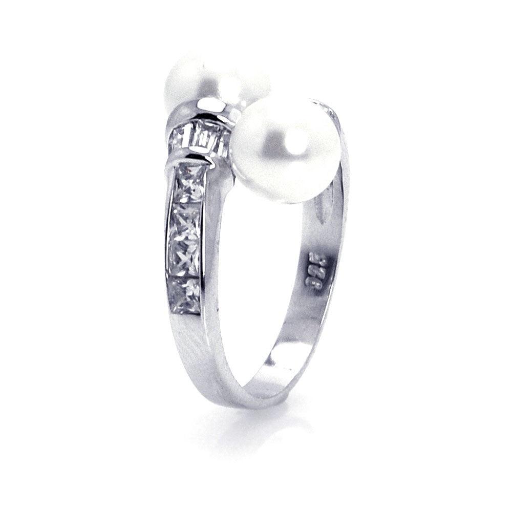 Sterling Silver 925 Rhodium Plated CZ Double Simulated Pearl Ring Sizes 5-10