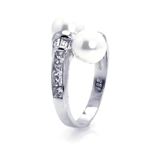 Sterling Silver 925 Rhodium Plated CZ Double Simulated Pearl Ring Sizes 5-10