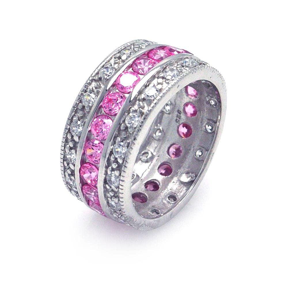Sterling Silver 925 Rhodium Plated Clear Pink CZ Wide Eternity Ring Sizes 5-10