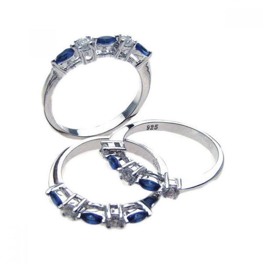 Sterling Silver 925 Rhodium Plated Blue Clear CZ Thin Fun Ring Set Sizes 5-9