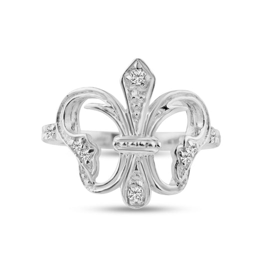 Sterling Silver 925 Rhodium Plated CZ Fleur De Lis Wide Fashion Ring Sizes 5-10