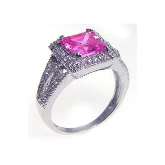 Sterling Silver 925 Rhodium Plated Princess Cut Pink Halo CZ Ring Sizes 5-9