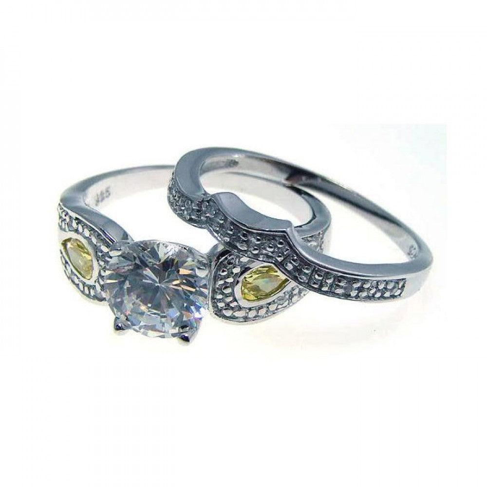 Sterling Silver 925 Rhodium Plated Yellow Clear CZ Chevron Ring Set Sizes 5-9