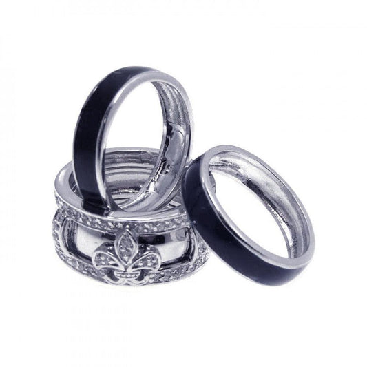 Sterling Silver 925 Rhodium Plated CZ Fleur De Lis Black Enamel Ring Sizes 5-9