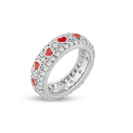 Sterling Silver 925 Rhodium Plated Red Enamel Heart CZ Eternity Ring Sizes 5-9