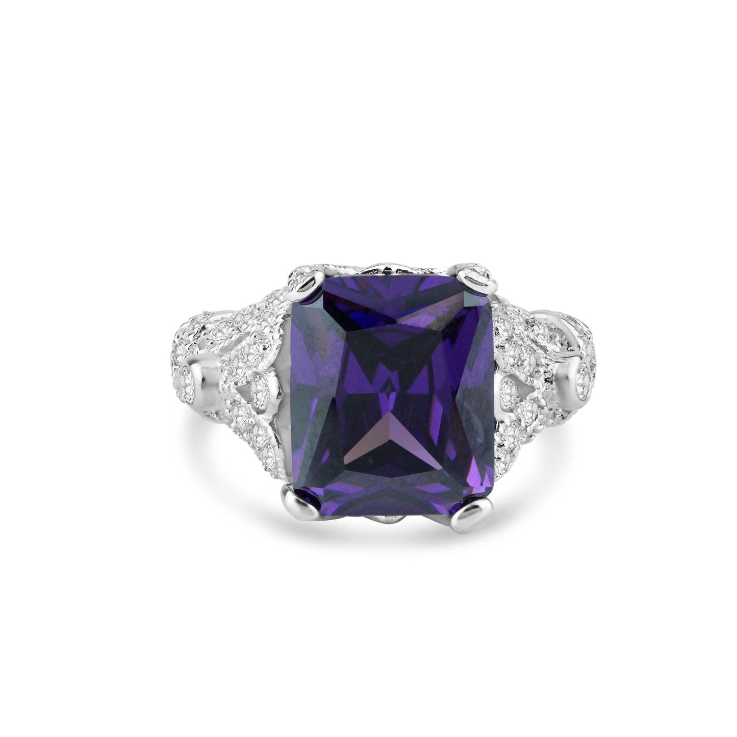 Sterling Silver Rhodium Plated Purple Square CZ Vintage Style Ring Sizes 5-10