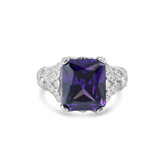 Sterling Silver Rhodium Plated Purple Square CZ Vintage Style Ring Sizes 5-10