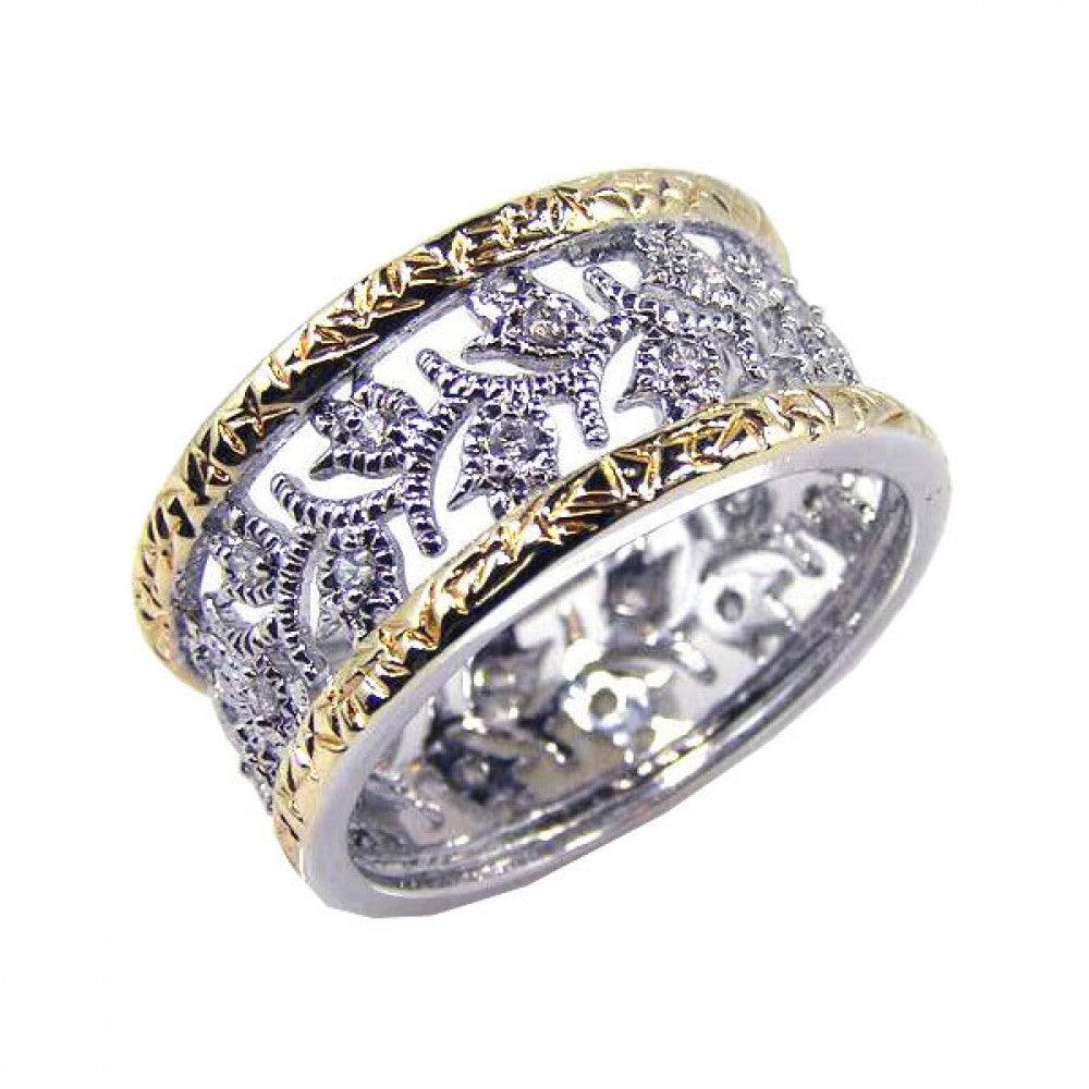 Sterling Silver 925 Gold Plated Border CZ Tulip Flower Eternity Ring Sizes 5-10