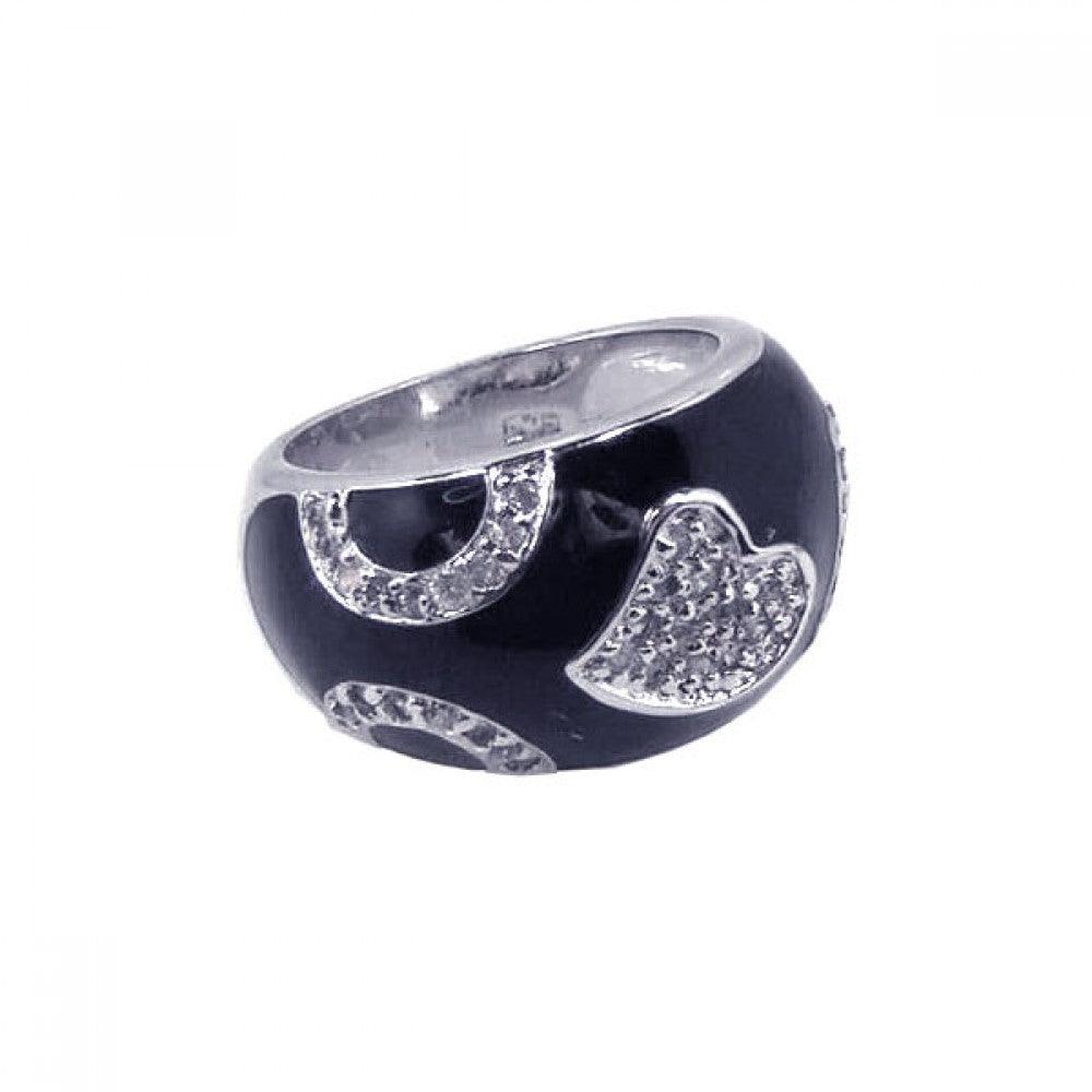Sterling Silver Rhodium Plated Black Enamel Pave Set CZ Heart Ring Sizes 5-10