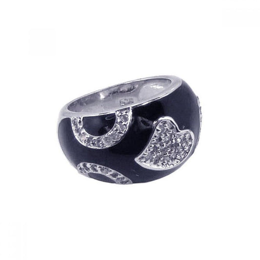 Sterling Silver Rhodium Plated Black Enamel Pave Set CZ Heart Ring Sizes 5-10