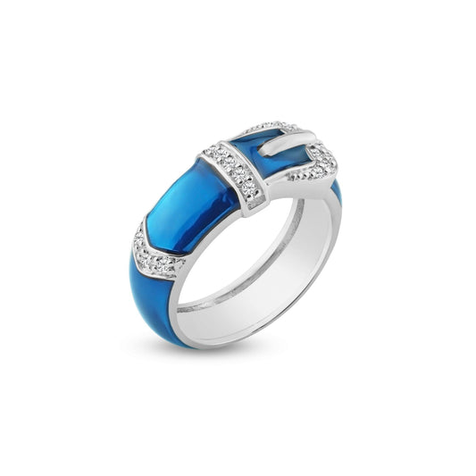 Sterling Silver 925 Rhodium Plated Blue Enamel CZ Belt Buckle Ring Sizes 5-10