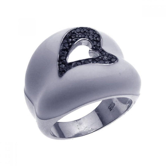 Sterling Silver 925 Black Rhodium Plated White Enamel CZ Heart Ring Sizes 5-9