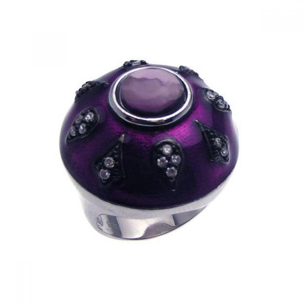 Sterling Silver 925 Black Rhodium Plated Purple Enamel Purple CZ Ring Sizes 5-9