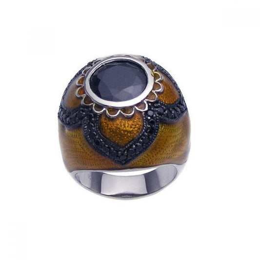 Sterling Silver 925 Black Rhodium Plated Brown Enamel CZ Dome Ring Sizes 5-9