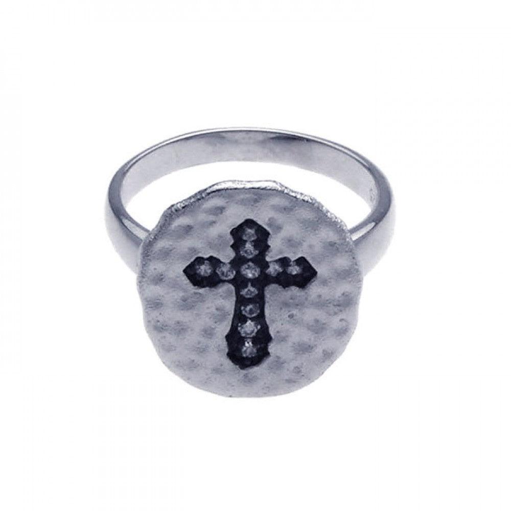 Sterling Silver 925 Black Rhodium Plated Clear CZ Cross Hammered Ring Sizes 5-9