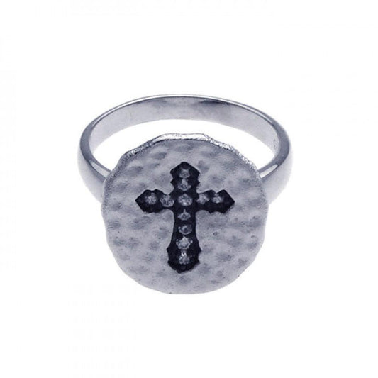 Sterling Silver 925 Black Rhodium Plated Clear CZ Cross Hammered Ring Sizes 5-9
