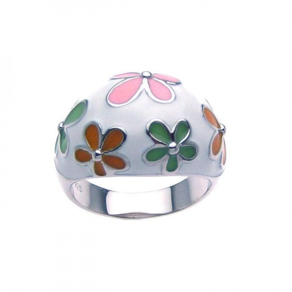 Sterling Silver 925 Rhodium Plated Multi Colored Enamel Flower Ring Sizes 5-9
