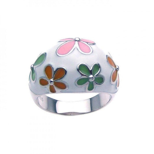 Sterling Silver 925 Rhodium Plated Multi Colored Enamel Flower Ring Sizes 5-9