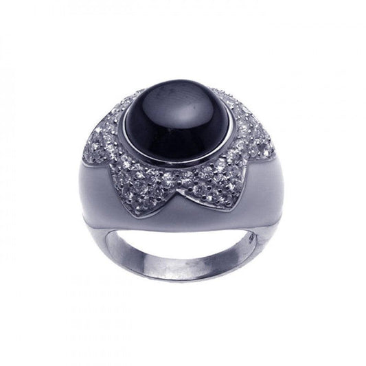 Sterling Silver 925 Rhodium Plated Black Onyx Clear CZ Dome Ring Sizes 5-9