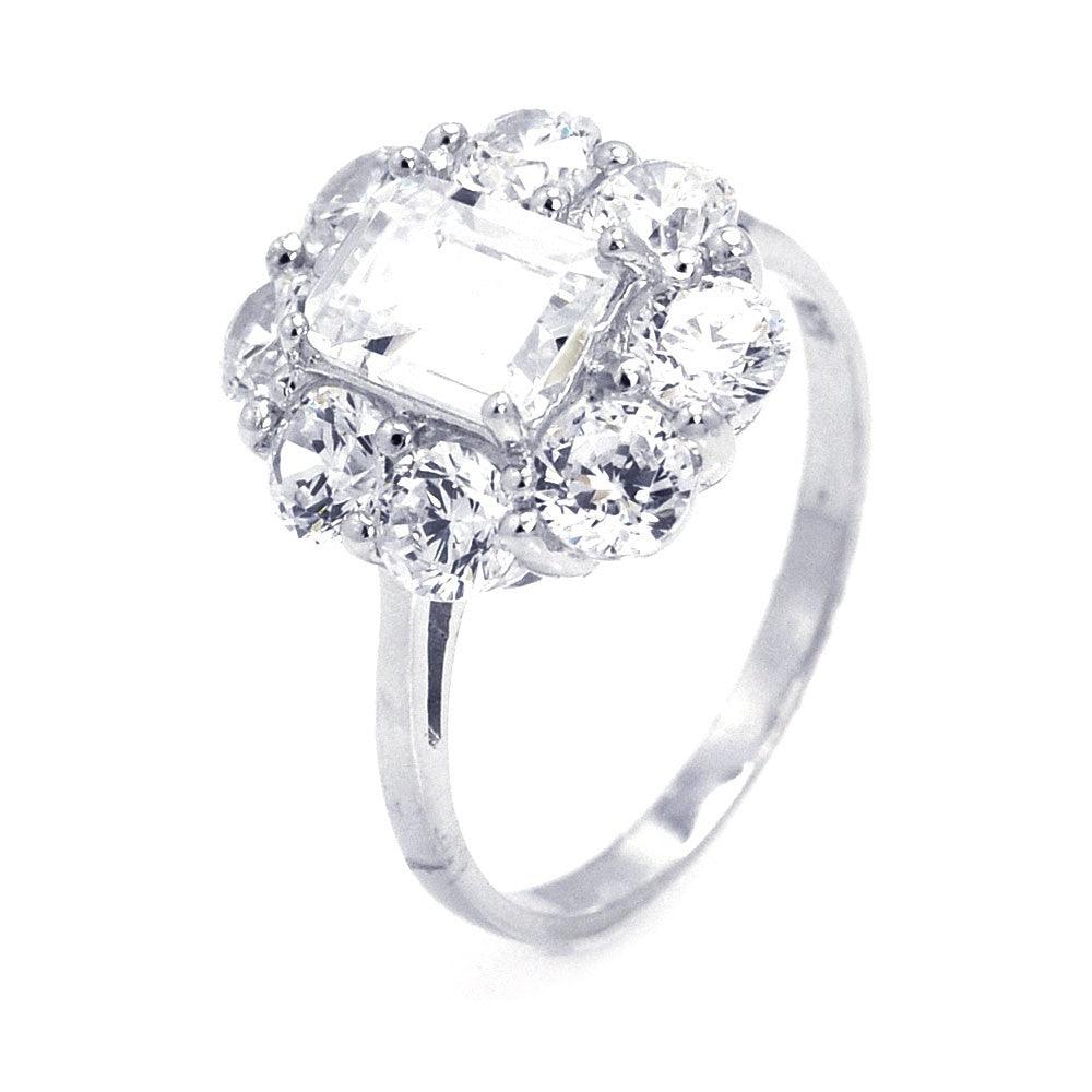 Sterling Silver 925 Rhodium Plated Rectangular Center CZ Flower Ring Sizes 5-9