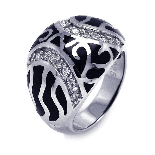Sterling Silver 925 Rhodium Plated Black Enamel CZ Swirl Dome Ring Sizes 5-9