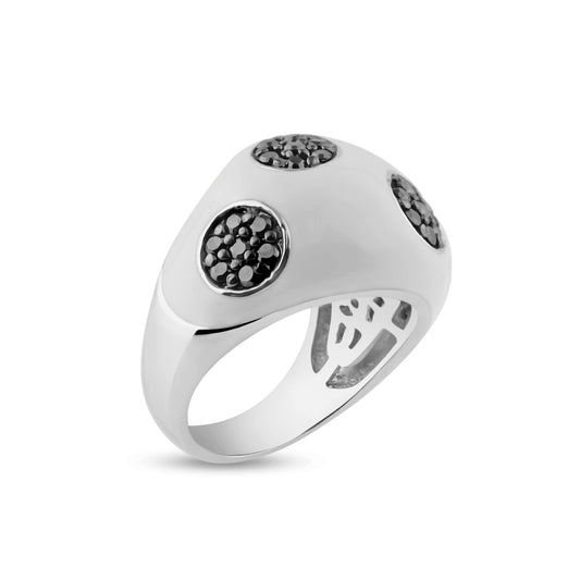 Sterling Silver 925 Black Rhodium Plated White Enamel Black CZ Ring Sizes 5-9