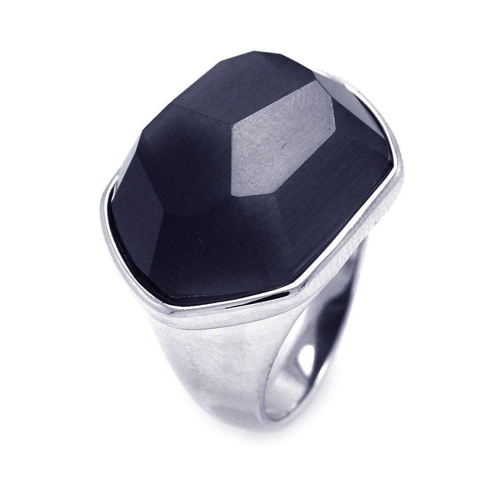Sterling Silver 925 Rhodium Plated Faceted Black Cat's Eye CZ Ring Sizes 5-9