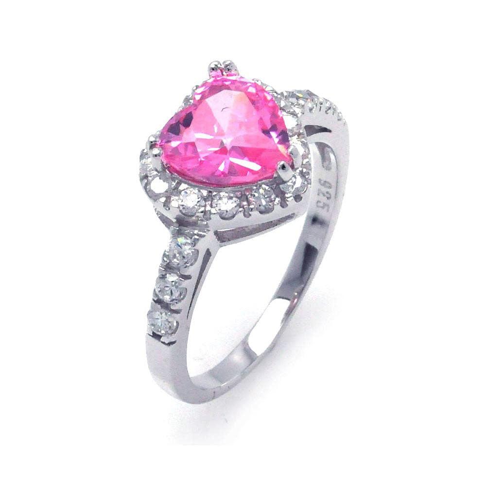 Sterling Silver 925 Rhodium Plated Pink & Clear Cluster CZ Heart Ring Sizes 5-10