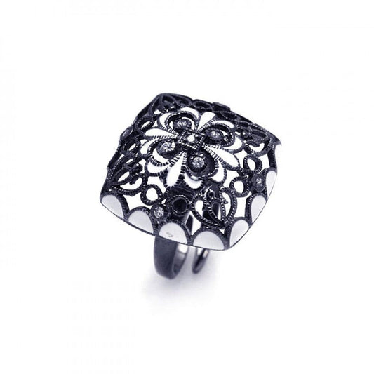 Sterling Silver 925 Black Rhodium Plated Clear CZ Flower Cocktail Ring Sizes 5-8