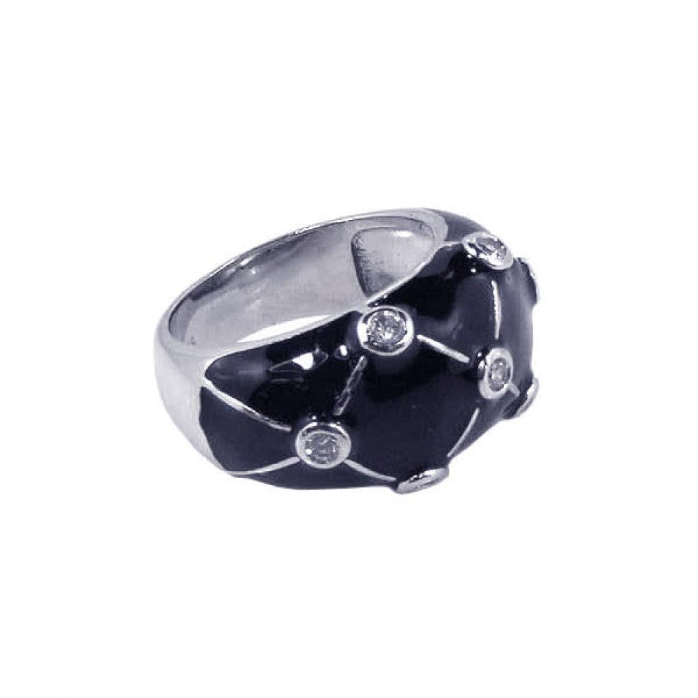 Rhodium Plated Sterling Silver 925 Black Enamel CZ Dotted Dome Ring Sizes 5-9