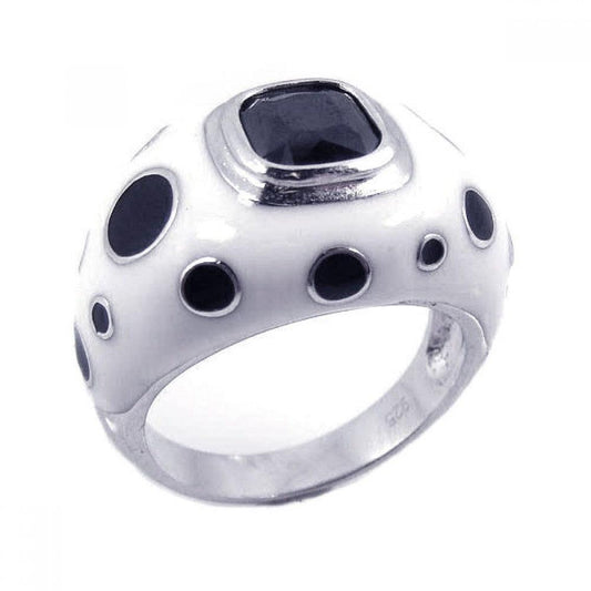 Rhodium Plated Sterling Silver 925 Black & White Enamel Black CZ Ring Sizes 5-9
