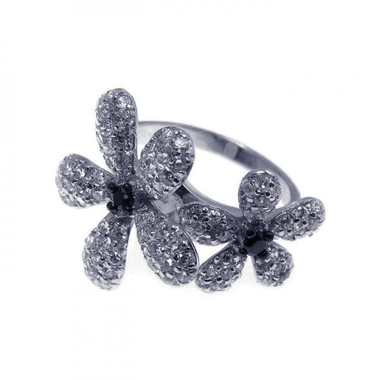 Sterling Silver 925 Rhodium Plated Black Pave Set Clear CZ Flower Ring Sizes 5-9