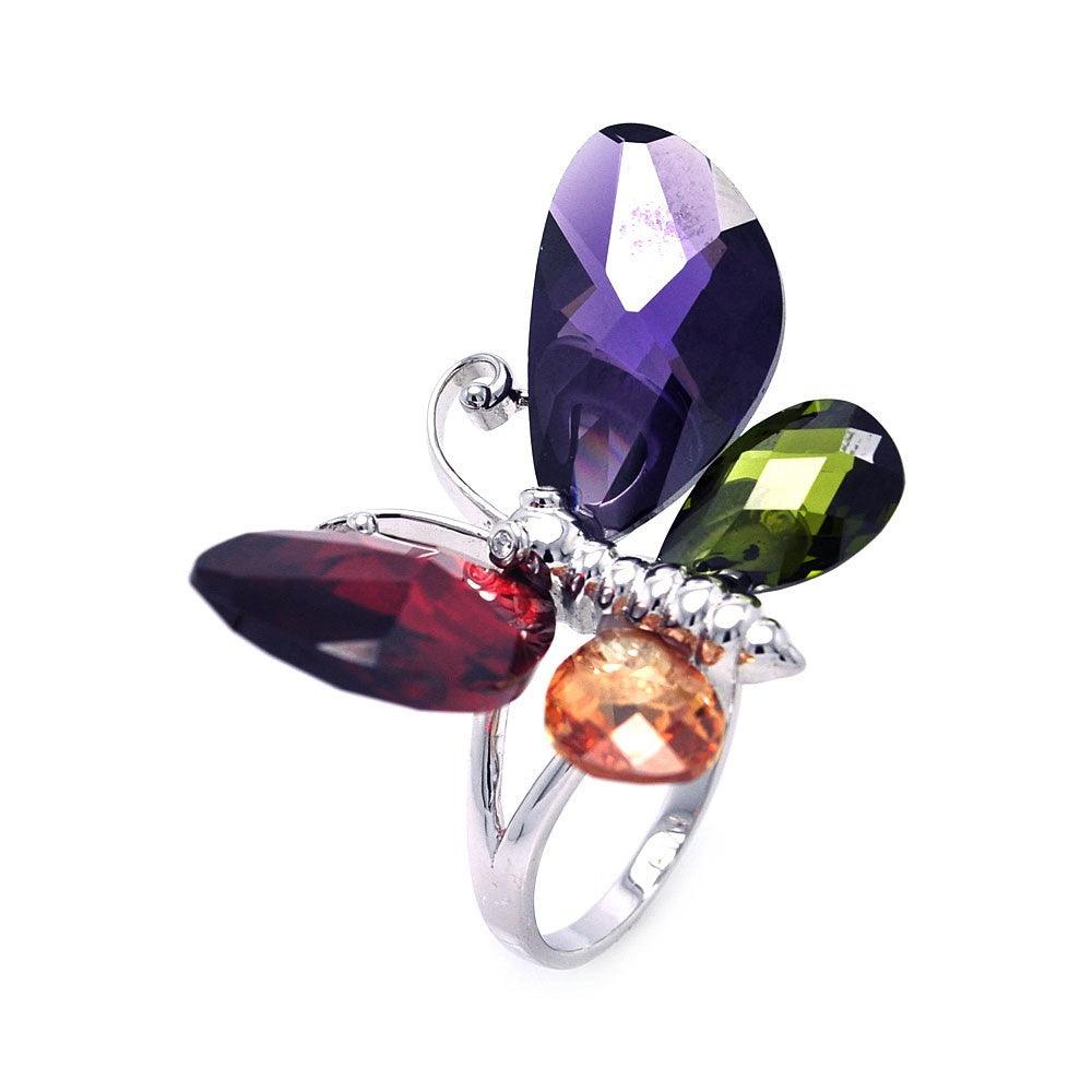 Sterling Silver 925 Rhodium Plated Multi Colored CZ Butterfly Ring Sizes 5-9