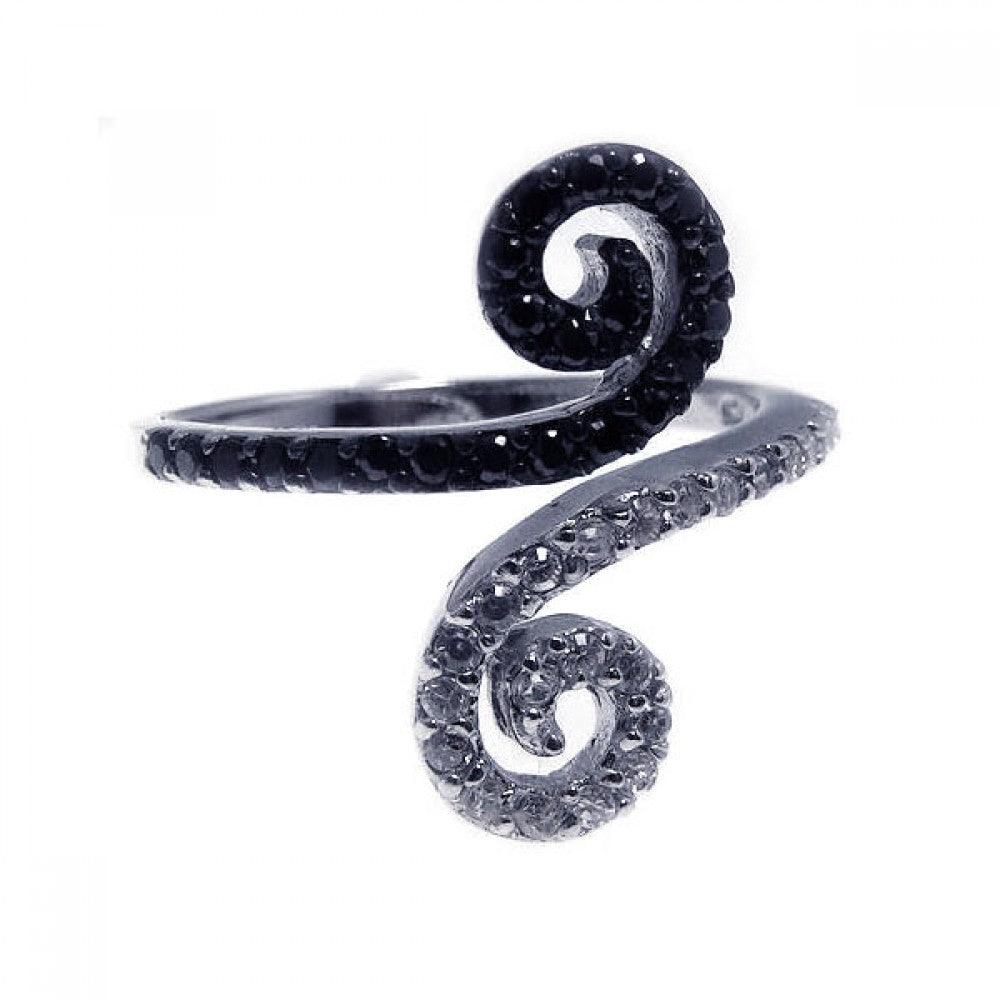 Sterling Silver 925 Black Rhodium Plated Black Clear CZ Curl Ring Sizes 5-9