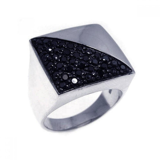 Sterling Silver 925 Black Rhodium Plated Half Black CZ Square Ring Sizes 5-9
