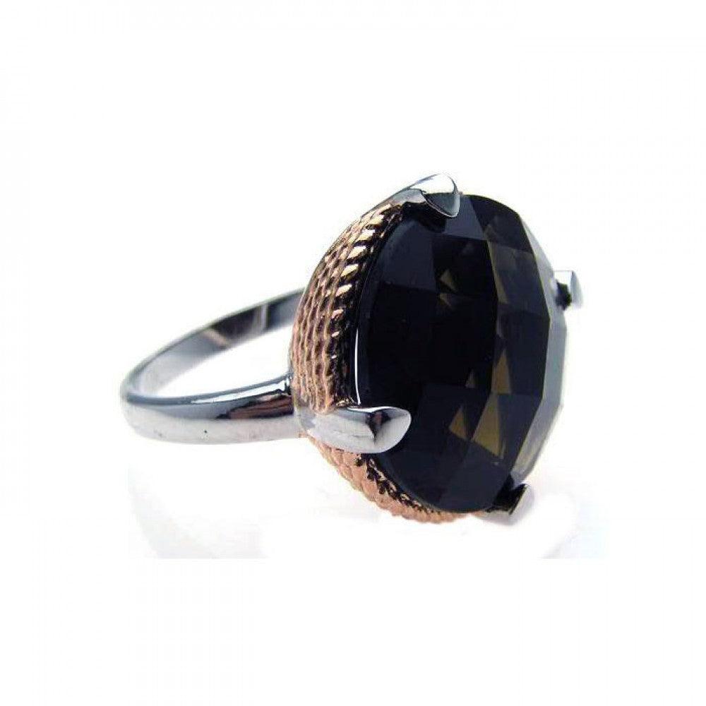 Sterling Silver 925 Rhodium and Rose Gold Plated Rope Black CZ Ring Sizes 5-9